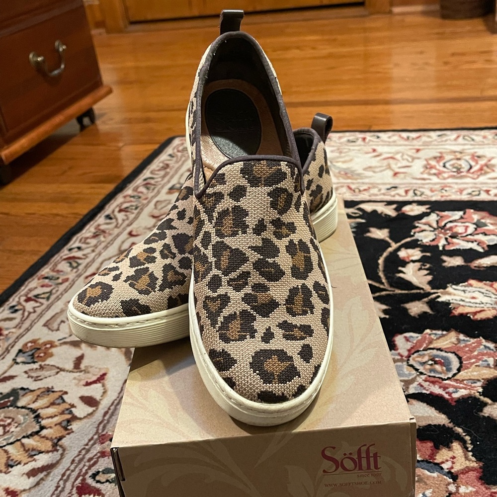 Leopard print slip on shoe by Sofft. Womens size 8.5